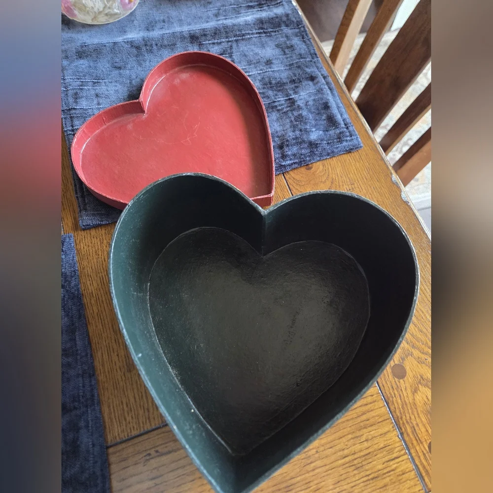 Folk Art Painted Heart Shaped Box With A Christmas Bell Painted On Top.